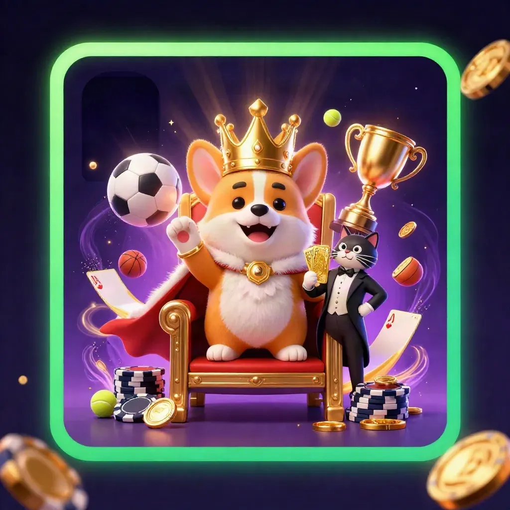 Royal corgi and cat butler on a chip throne with flying sports balls, trophy, coins and neon energy.