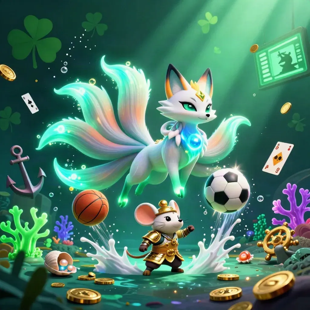Neon fox spirit and samurai mouse amid underwater casino sports props and glowing coins.