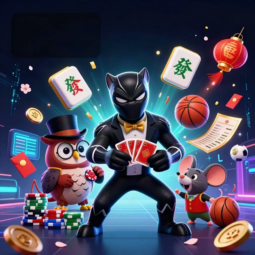 Panther, owl, and mouse in a neon casino blast with chips, tiles, and sports props.