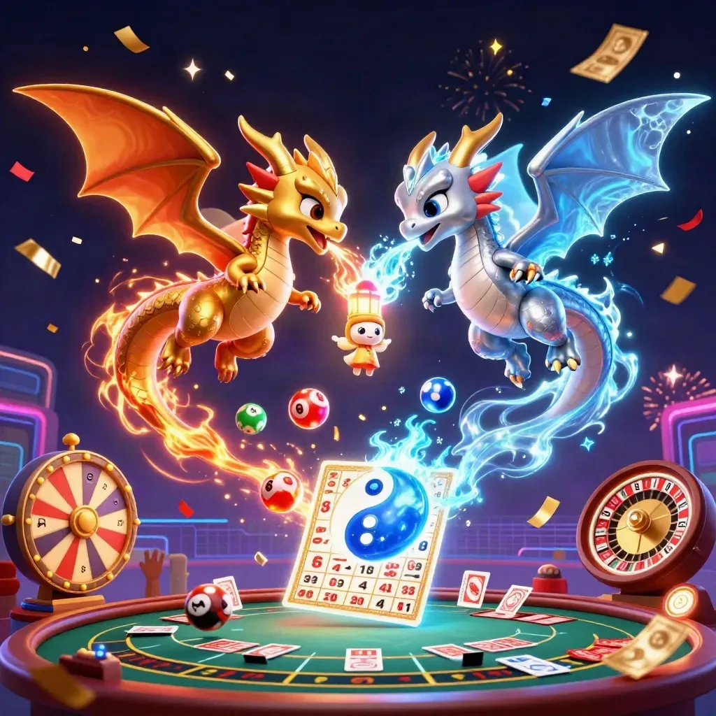 Twin dragons with lottery balls, prize wheel, and neon casino lights