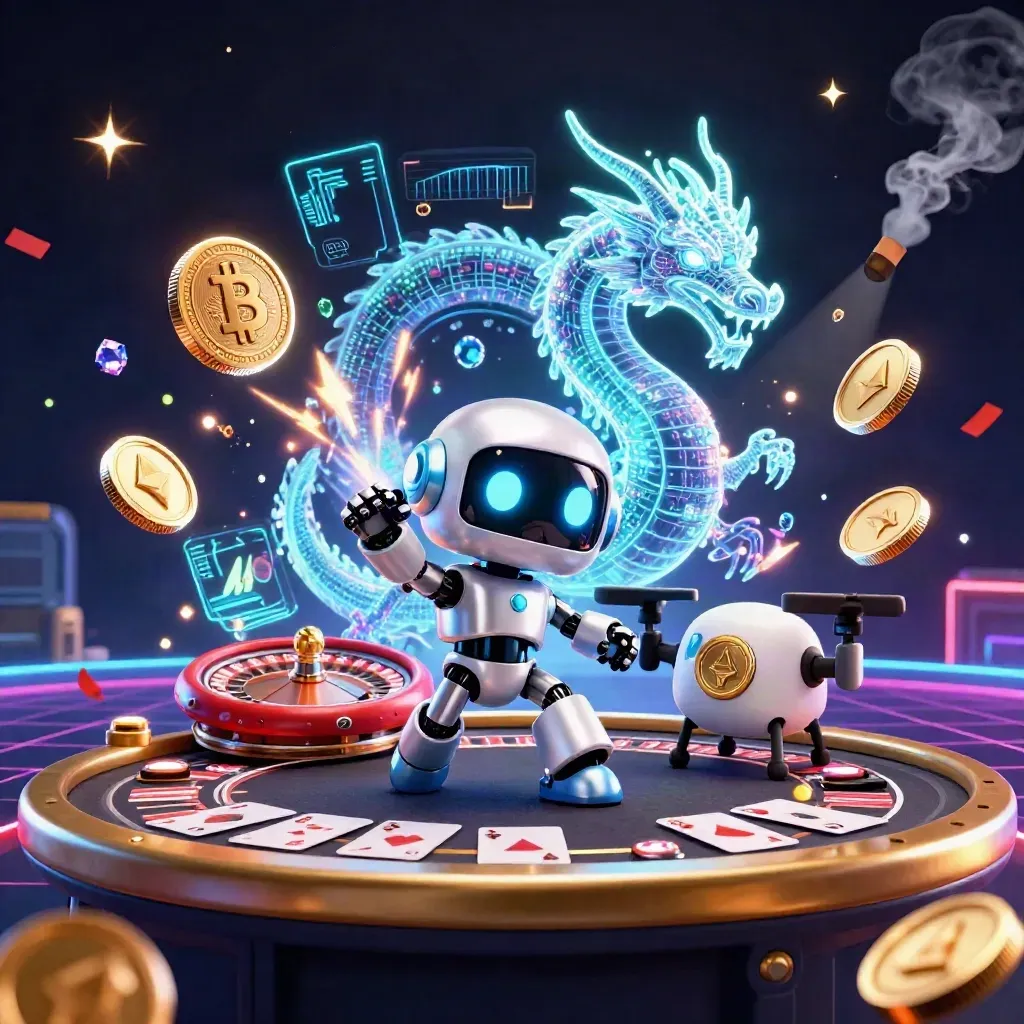 Robot, AI dragon, and drone amid casino glam, coins, neon energy, and a roulette wheel.