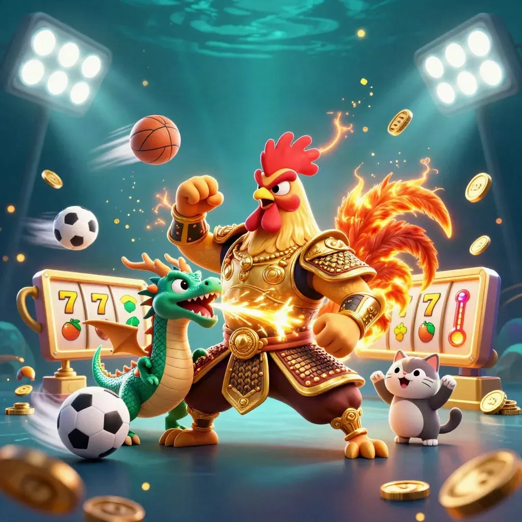 Rooster warrior, dragon hatchling, and fortune cat amid casino sports sparks and treasure