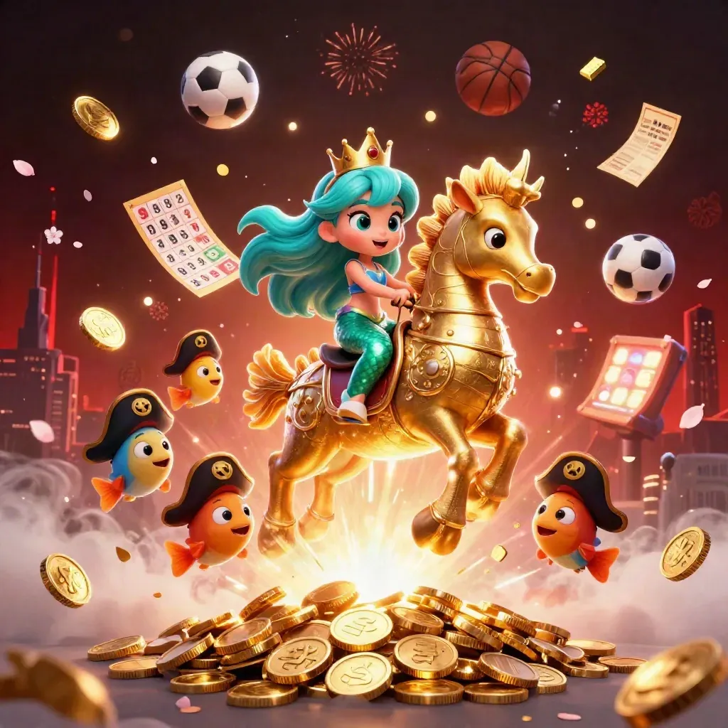 Mermaid princess on a golden seahorse amid coins, lottery balls, fireworks, and casino icons.